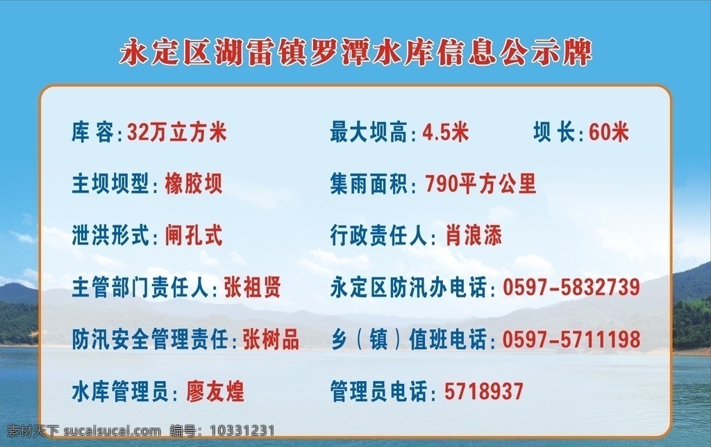 永定区 湖 雷 镇 水库 公示牌 水库公示牌 水库信息牌 水库信息 信息公示牌 水源