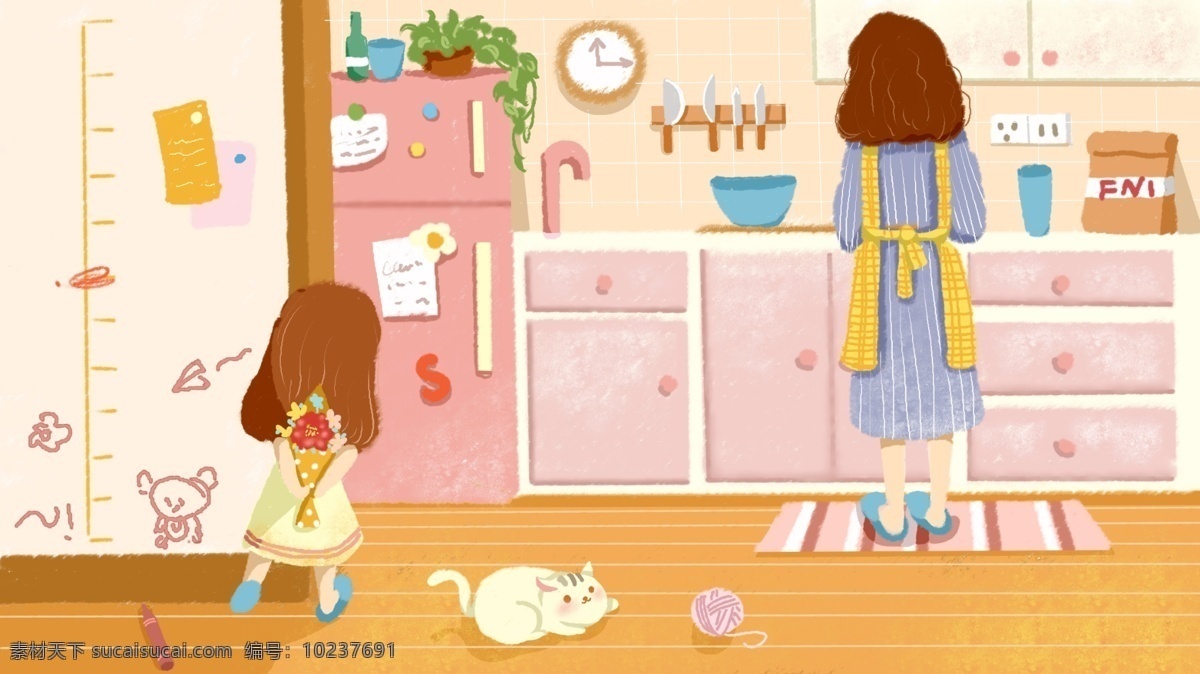 原创 小 清新 母女 厨房 插画 背景 小清新 母亲节 茶壶