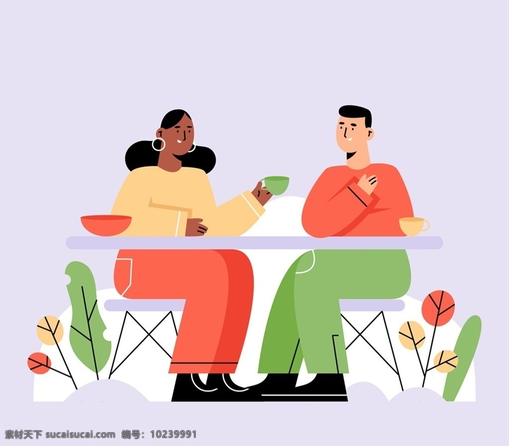创意 约会 聊天 中 男女 女子 男子 咖啡茶 茶杯 椅子 桌子 动漫动画 动漫人物