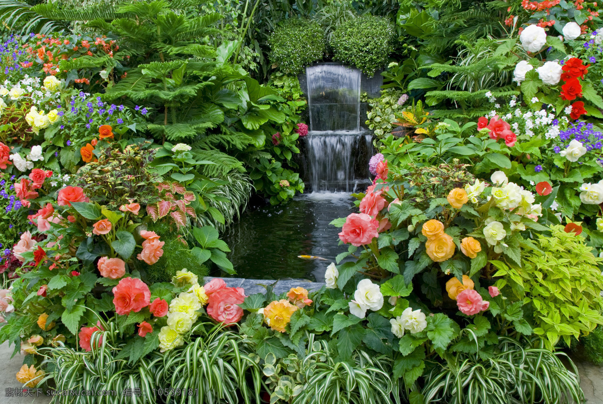 花团 流水 瀑布 芍药 牡丹 红花 黄花 百花 园林景观 法式图库 法式素材 房地产专用 自然景观 田园风光