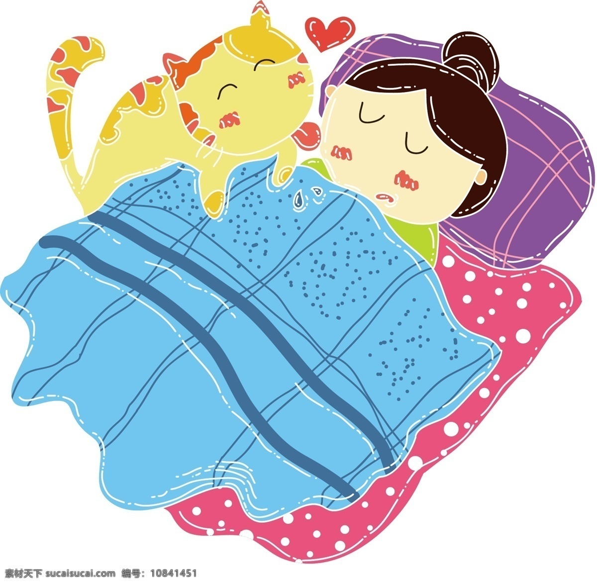 儿童 手绘 卡通 睡觉 女孩 商用 元素 小女孩 小猫 矢量