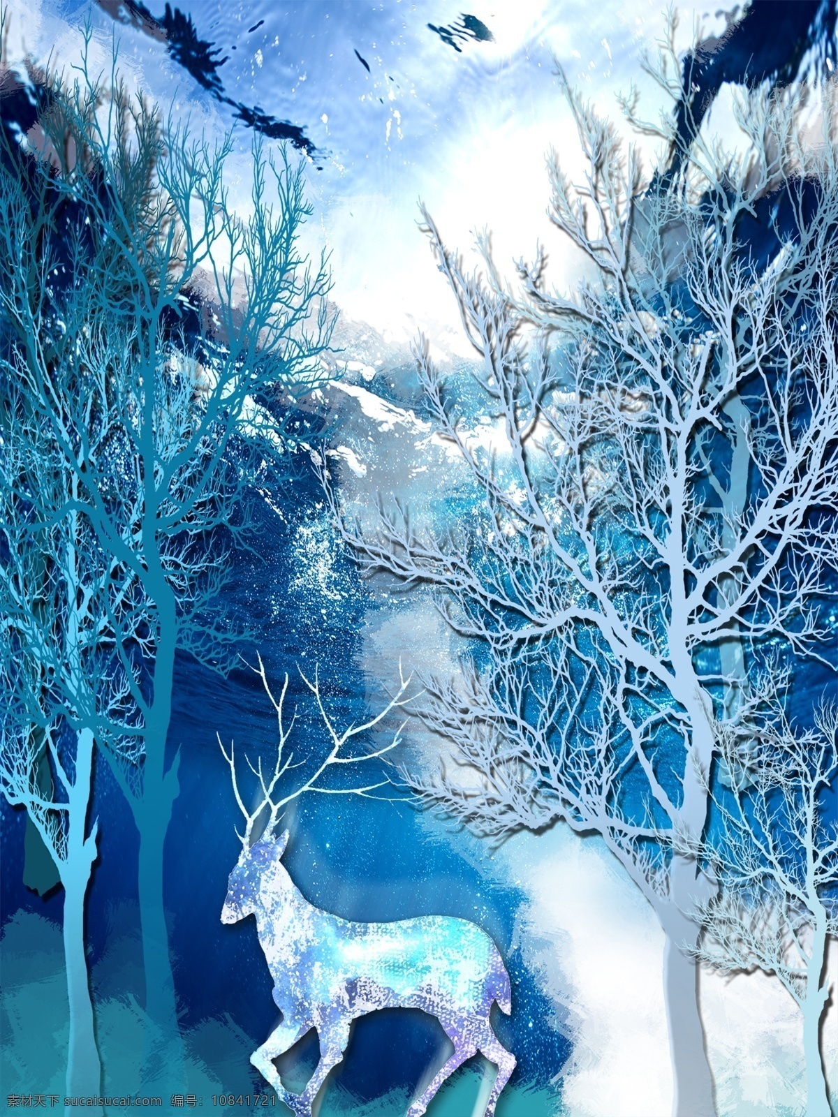现代 简约 蓝色 丛林 客厅 装饰画 一联画 水晶鹿 蓝色装饰画 蓝色剪影树 蓝色冬景色