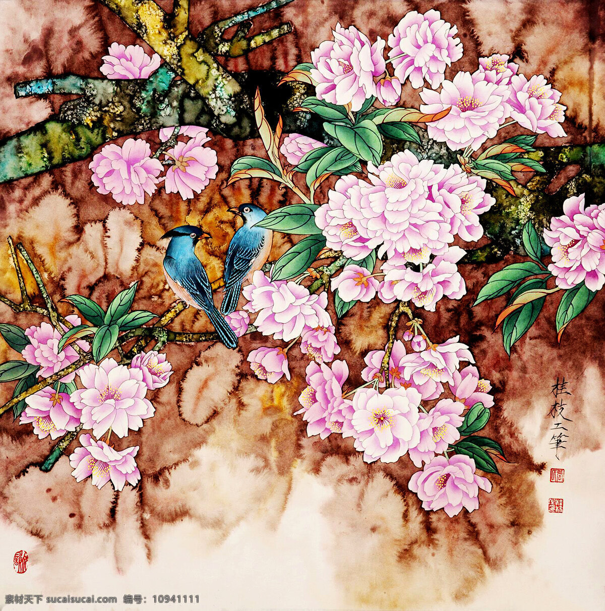 杏林春色 美术 国画 工笔重彩画 彩墨画 花鸟画 杏花 杏林 绿叶 花香 盛放 鲜艳 蓝雀 芬芳 书法 印章 国画艺术 花鸟国画专辑 绘画书法 文化艺术