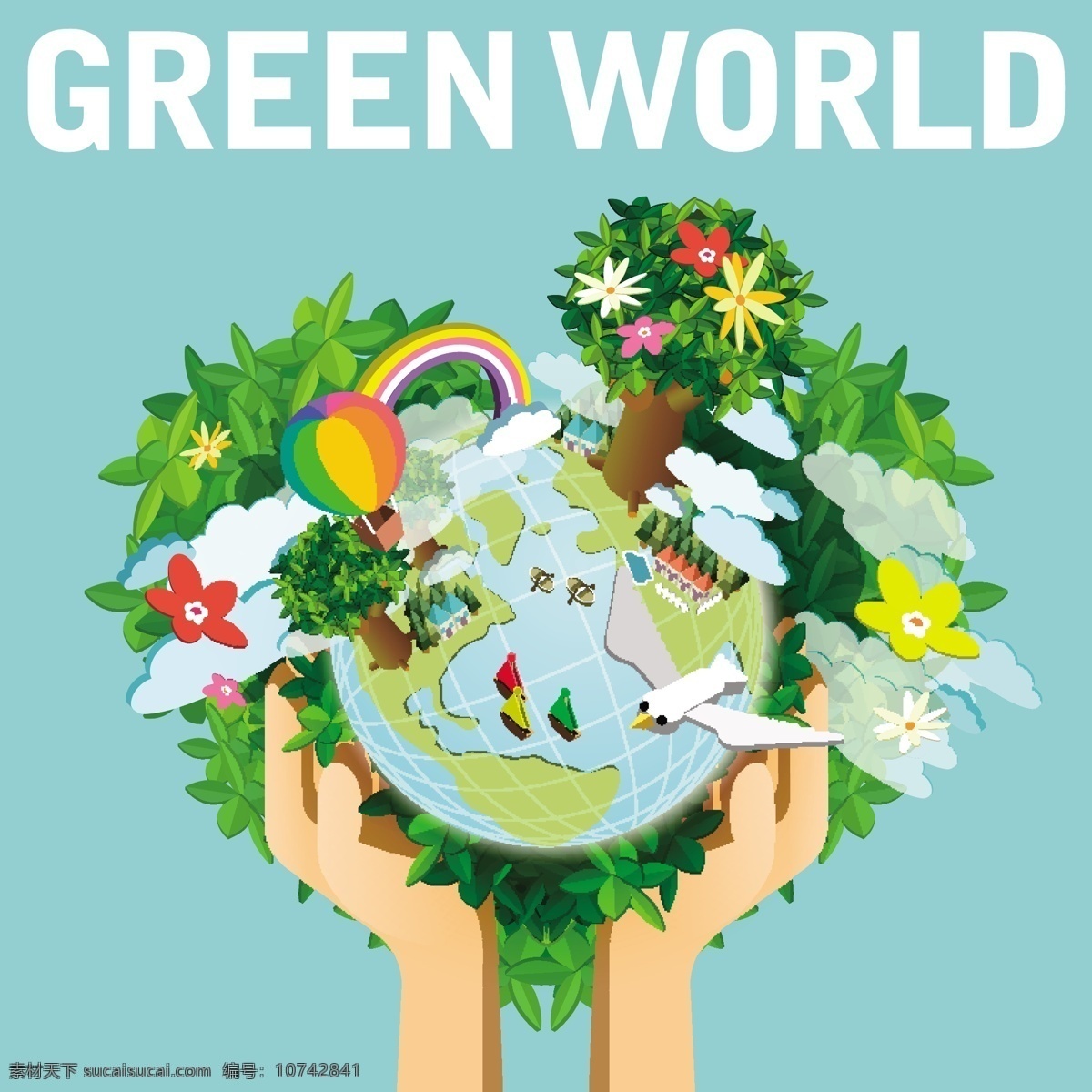 手上 地球 创意 合成 矢量 海报 插画 公益 保护地球 绿色 旅游 岛屿 城市 房屋 风景 矢量素材