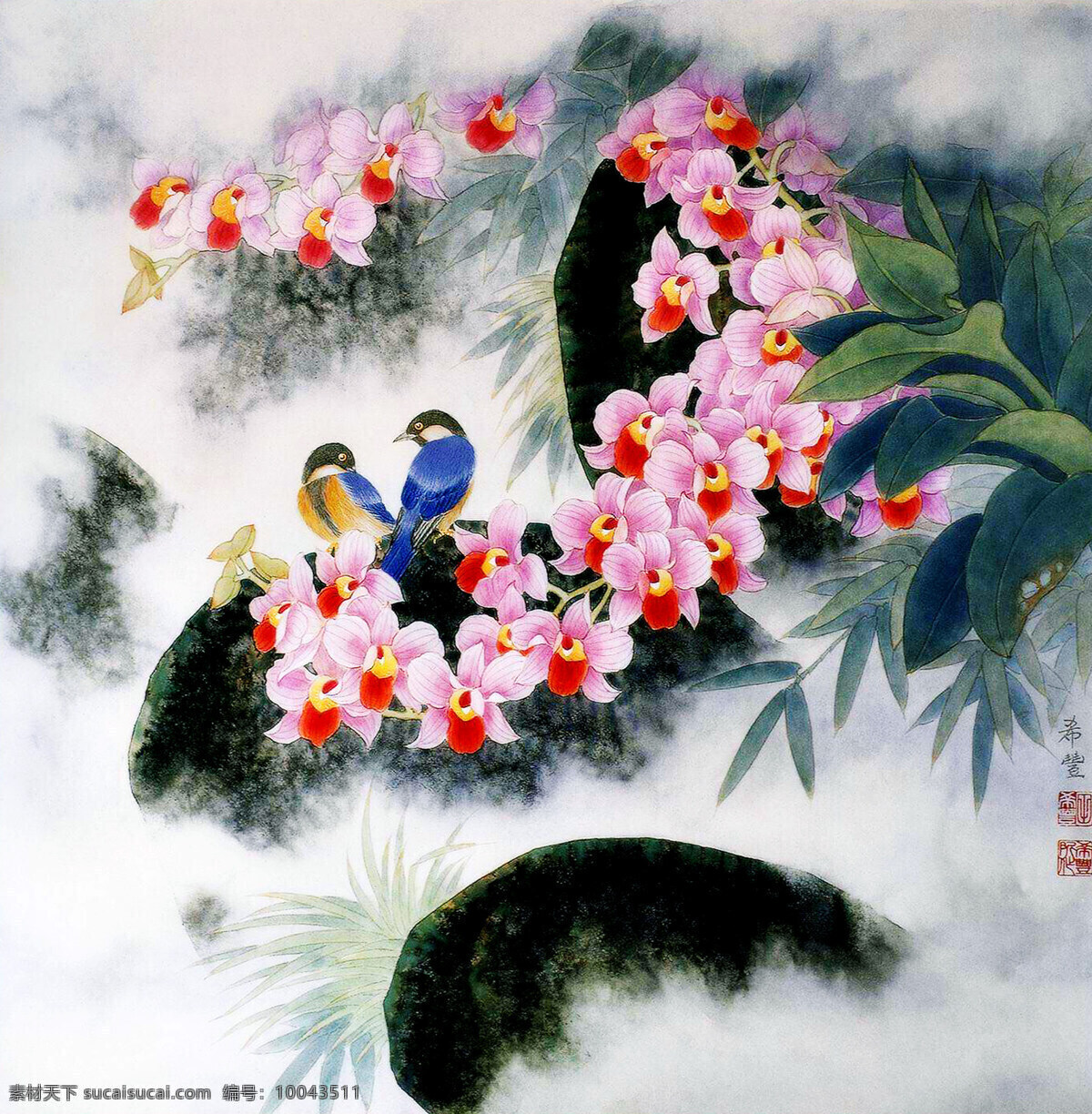 国画艺术 花朵 花鸟画 绘画 绘画书法 美术 清香 清新 仙景 中国画 水墨画 蓝鸟 叶子 鲜艳 石头 溪流 竹子 雾气 书法 印章 国画集25 文化艺术 家居装饰素材 雕刻 图案