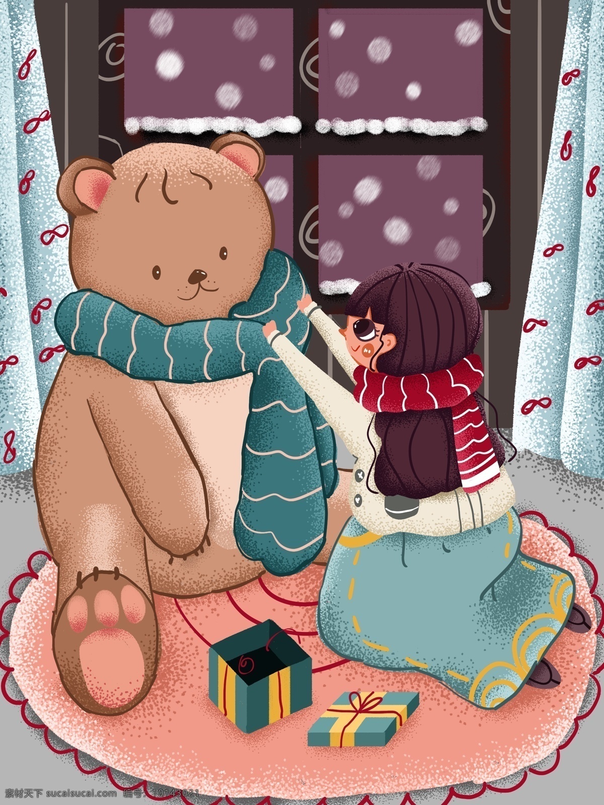 冬天 你好 女孩 下雪天 玩具 熊 围 围巾 室内 蓝色 紫色 插画 雪 玩具熊 卡通可爱 噪点肌理 手绘