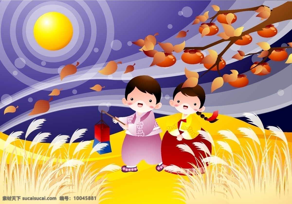 月亮 下 玩耍 孩子 枫叶 韩国 秋天 矢量图 矢量人物