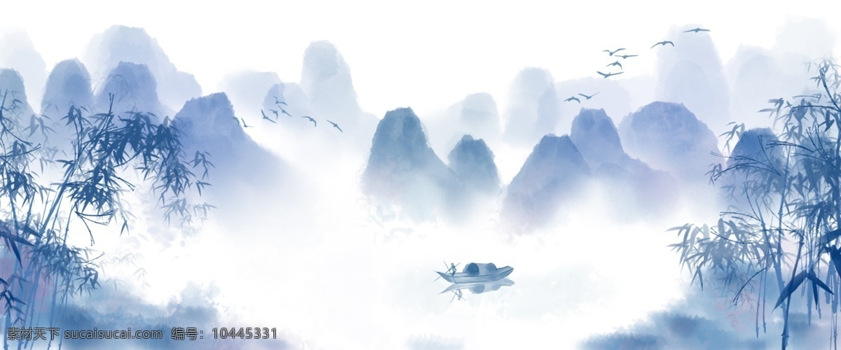 中国 风 手绘 水墨 风景 山水画 中国风 水墨画 山水 插画 水墨风景 中国风山水 山河 船只