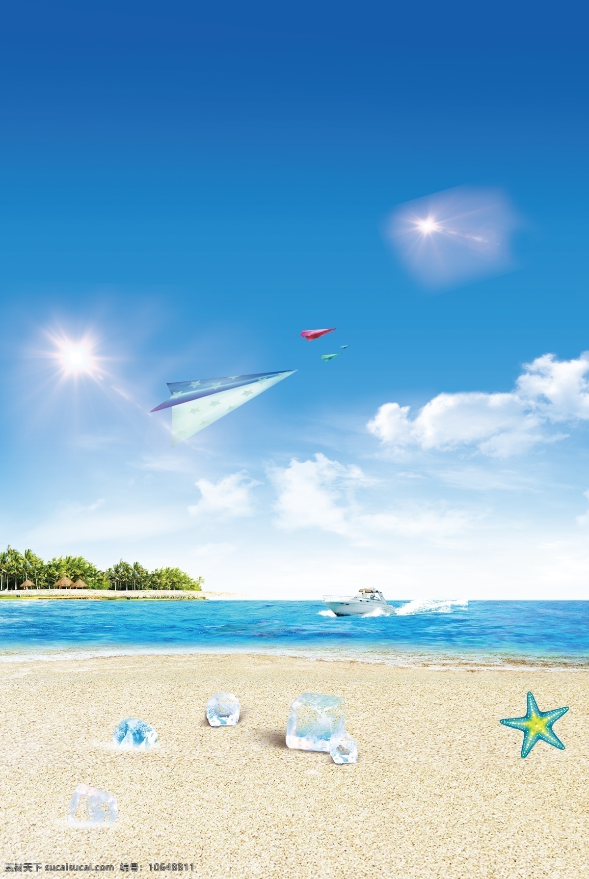 海边 沙滩 大海 树木 游艇 船 促销 夏令营 海水 海浪 深蓝色 天空 云朵 海边沙滩 分层 飞机 纸飞机 亮光 冰块 夏天 海星 自然景观 自然风光