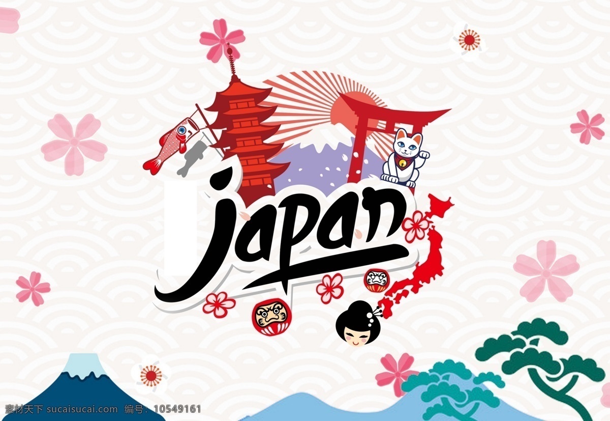 手绘 日本旅游 广告 背景 广告背景 清新 简约 樱花 山峰 日本 松树