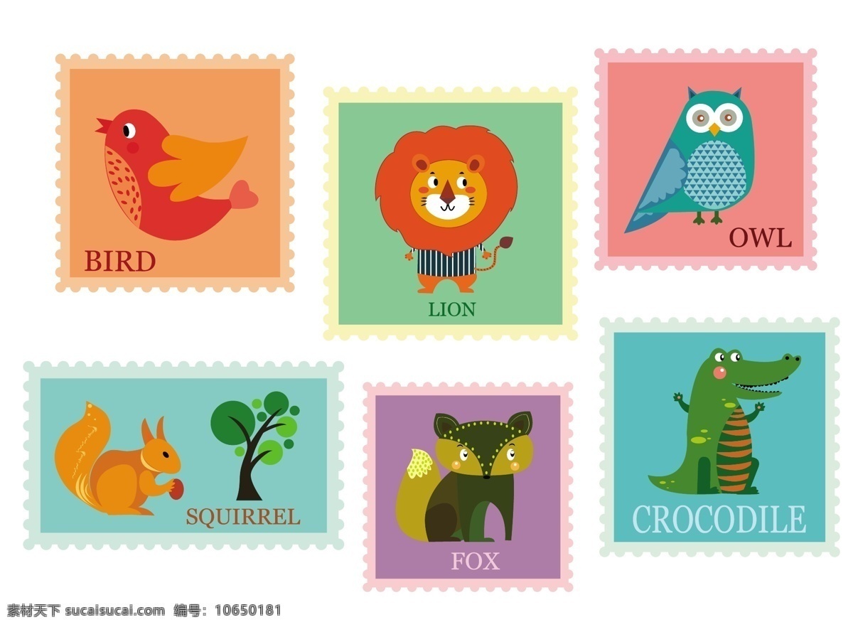 可爱 动物 邮票 集 背景 自由 向量 动物邮票 矢量图