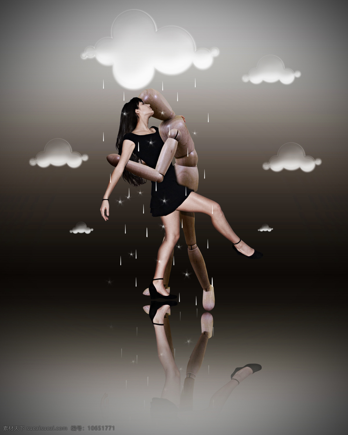 白云 彩云 长发 创意图片 灰色 木偶 女性 人物 创意 设计素材 模板下载 舞者 舞蹈 舞姿 雨滴 女性妇女 人物图库 psd源文件