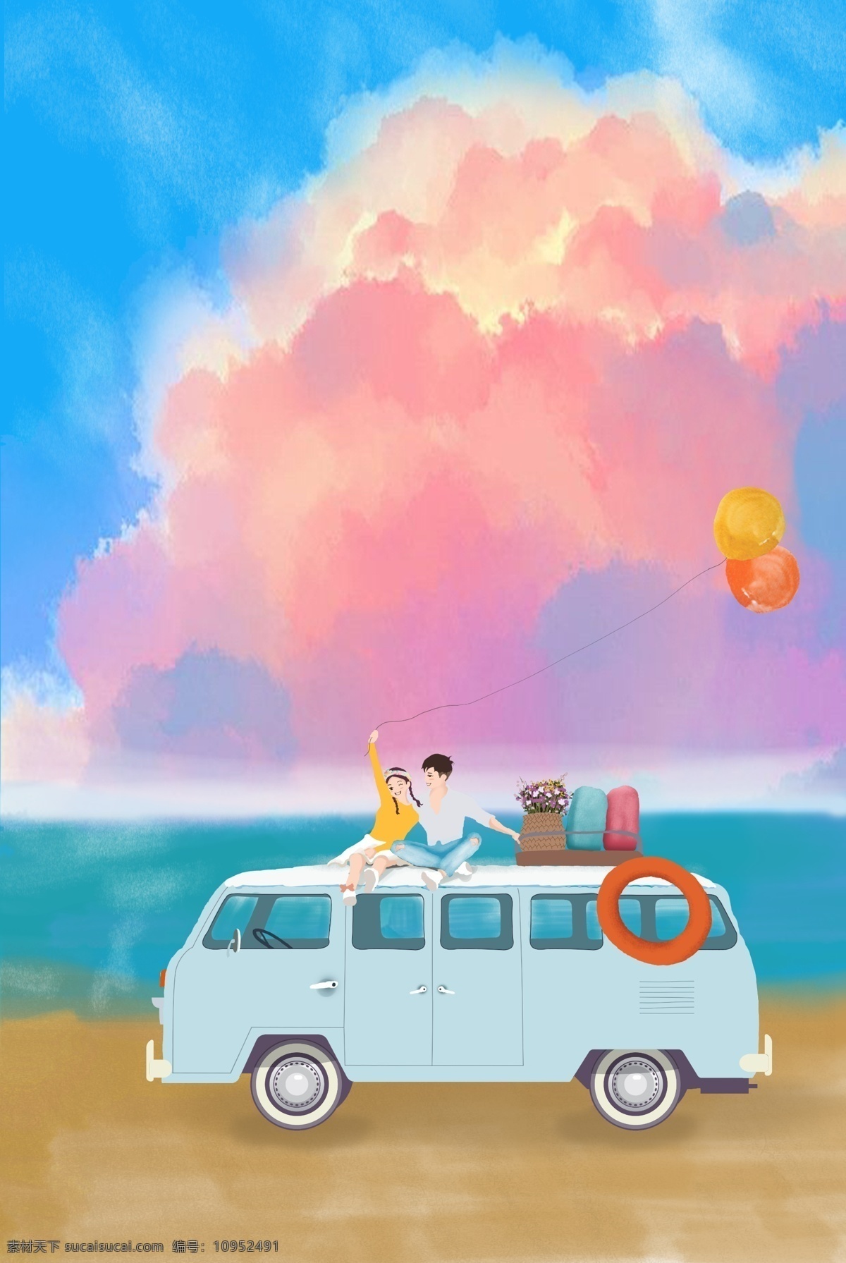 清新 手绘 情侣 海边 旅行 海报 背景 小清新 依偎 沙滩 巴士 气球 彩云 爱情 浪漫 欢快 开心 温暖 幸福