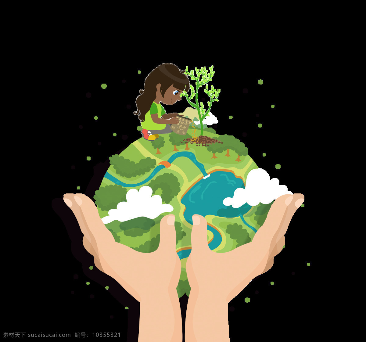 手绘 扁平 卡通 地球 装饰 环保 可爱 树木 手捧地球 女孩 植树