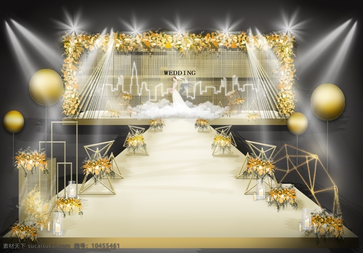 金色 婚礼 主 背景 效果图 城市剪影 气球 蜡烛 线条 婚礼效果图 不规则 铁网 花艺