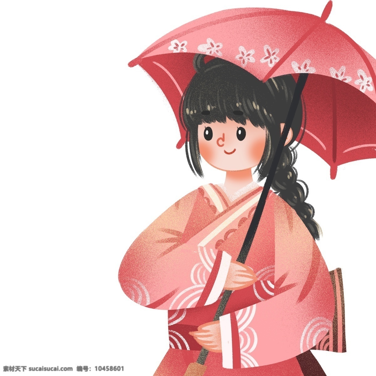 清新 可爱 撑 伞 穿着 和服 女孩 日本 女生 雨伞 插画 卡通 小女生