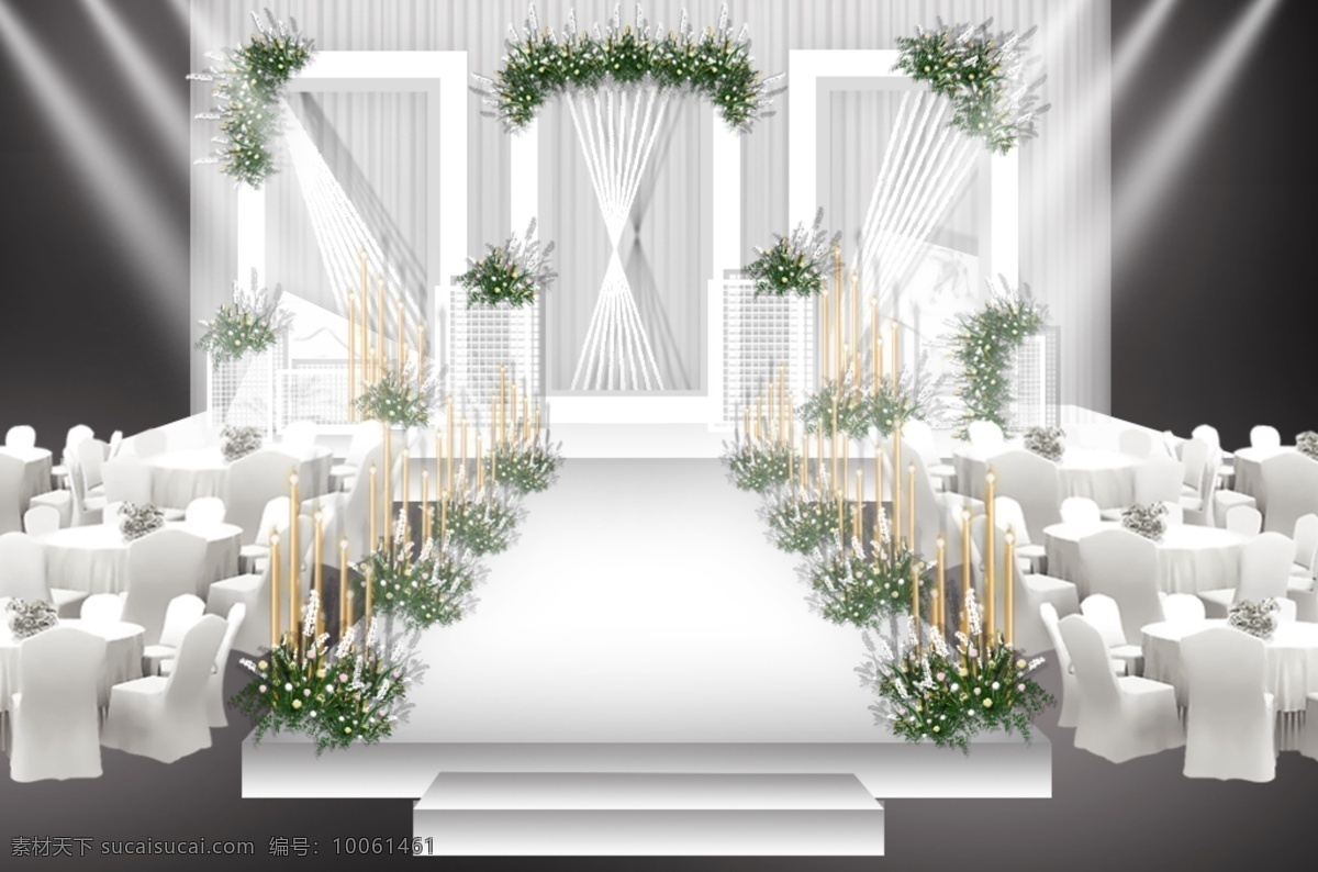 白色 简约 唯美 婚礼 舞台 效果图 简约唯美 舞台效果图 花艺素材 金色路引灯 拉线 白色布幔 大理石素材