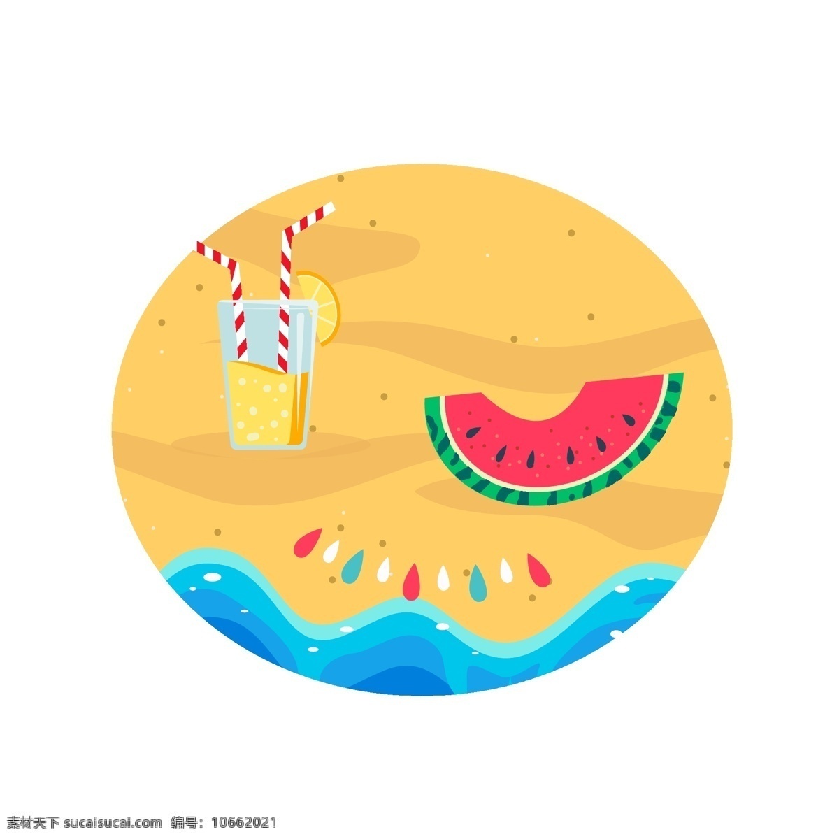 卡 通风 夏季 沙滩 元素 西瓜 果汁 海边