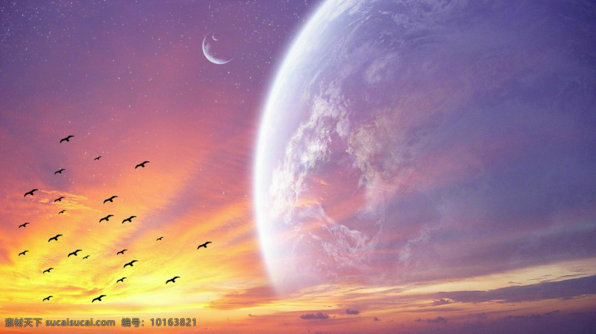 美丽的风景 地球 月球 鸟 晚霞 黄昏