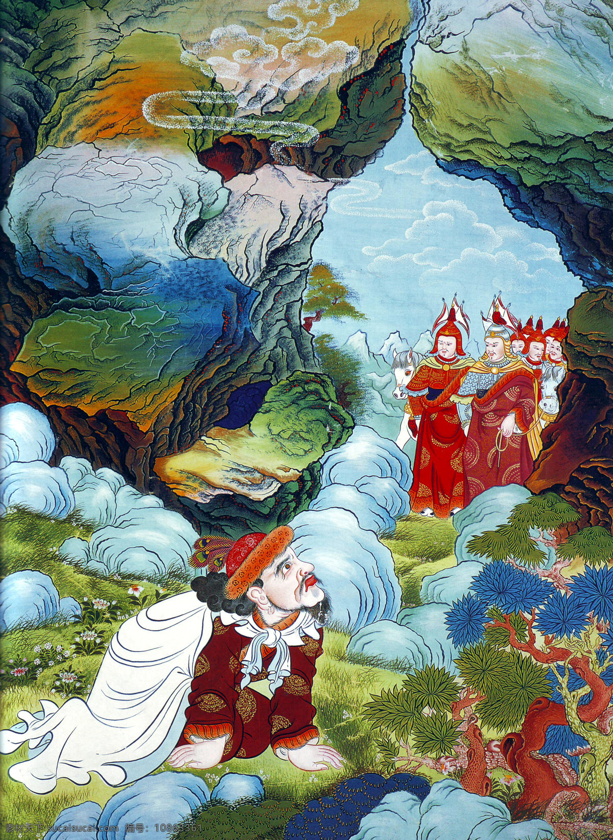 求仙 凡人 神仙 唐卡 彩绘 佛教 宗教 信仰 卷轴画 书画文字 文化艺术
