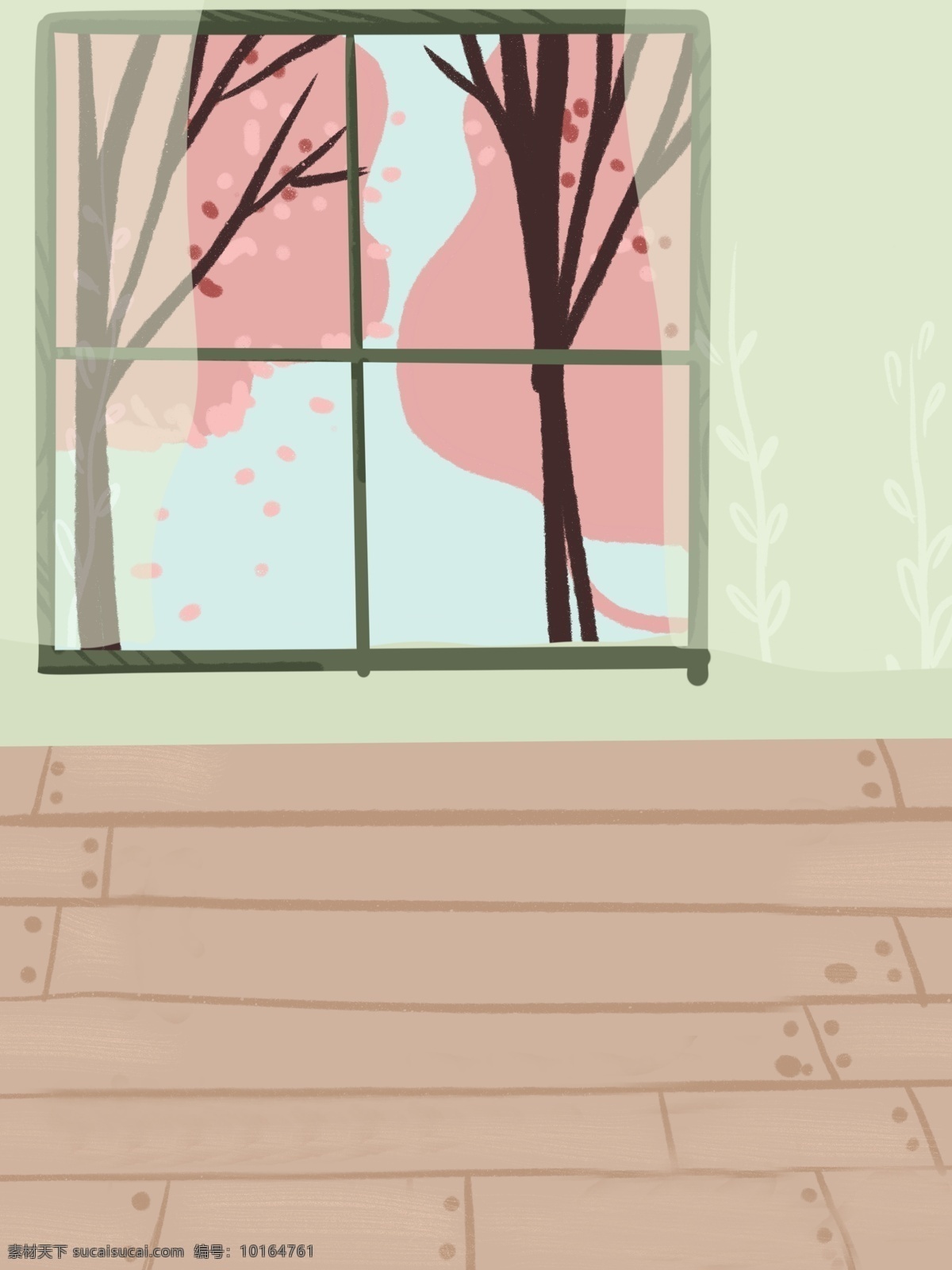 手绘 家居 窗外 背景 通用背景 居家生活插画 手绘背景 生活插画背景 窗户 窗帘 樱花树