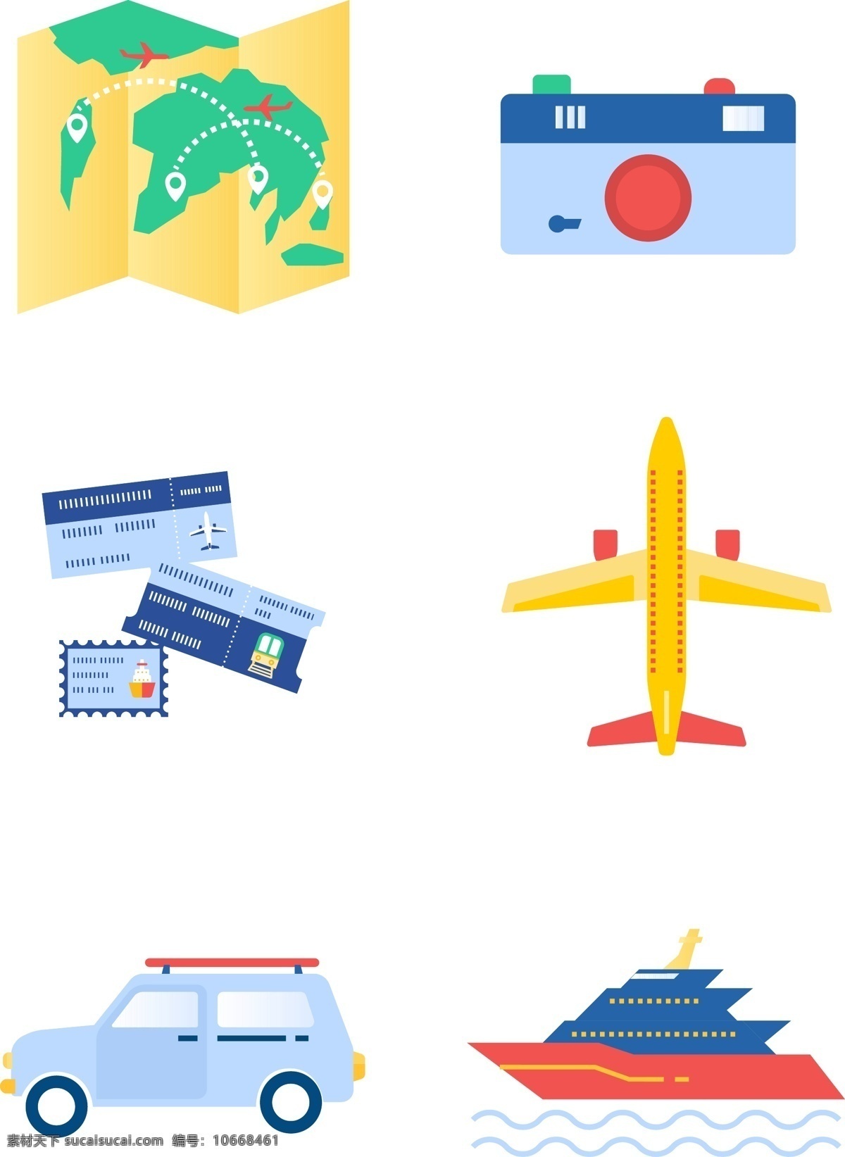旅游 旅行 游玩 相关 图标 扁平化 拟物 地图 相机 机票 飞机 汽车 游轮 有趣的 可爱的
