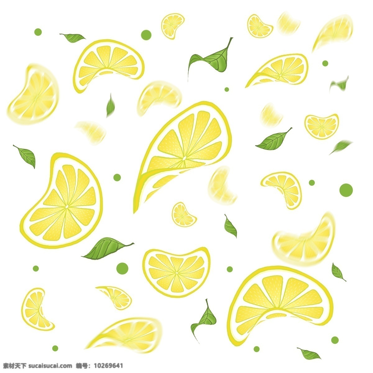散落 黄色 柠檬 片 叶子 飘落 落叶 柠檬片 清凉 漂浮 饮品素材