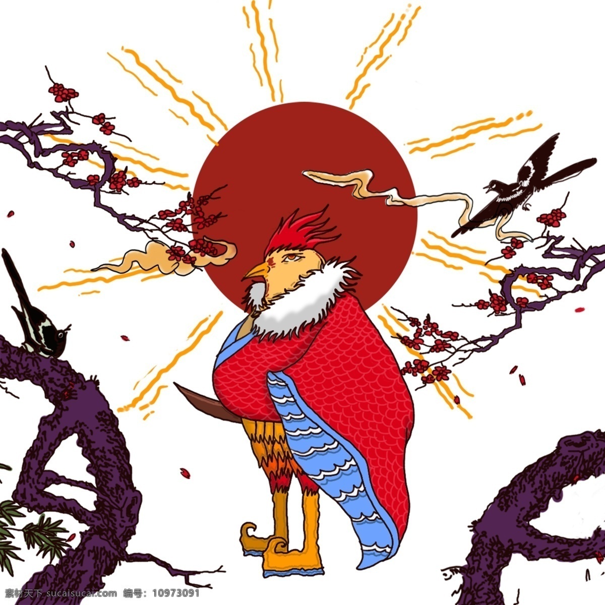 手绘 卡通 生肖 公鸡 鸡 卡通动物 动物 红色 中国风 创意 矢量 喜鹊 梅花 红日 传统图案