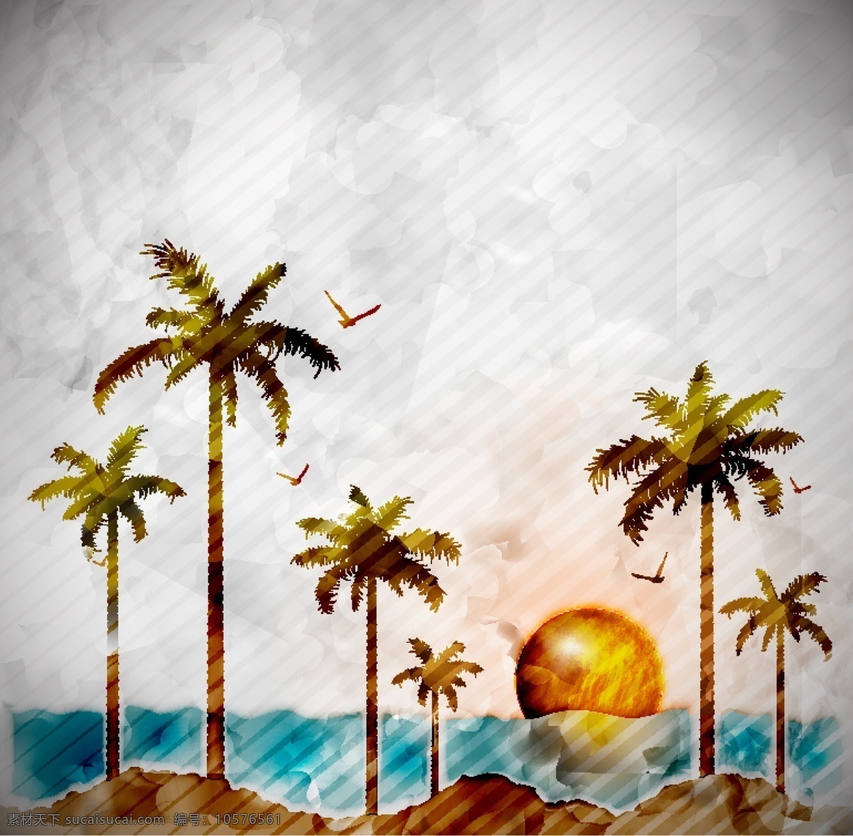 海边的落日 水彩 海边 落日 椰树 白色