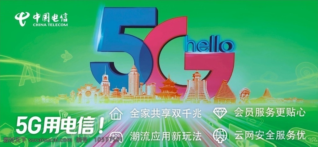 中国电信 hello 5g 电信 光束 天空 网络 科技 网速 hello5g 绿色 科技背景 psd素材