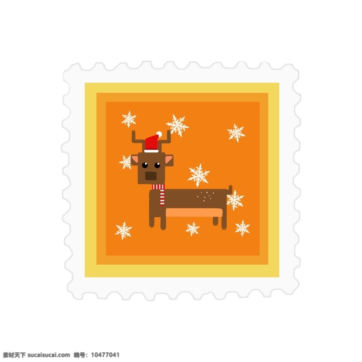 原创 圣诞 邮票 贴纸 黄色 可爱 元素 动物 圣诞节 雪花 麋鹿 方形 动物邮票 像素风