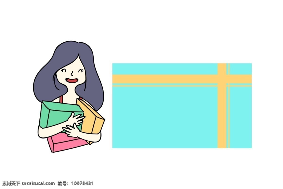 孟菲斯 波普 创意 盒子 边框 创意盒子边框 漂亮 小女孩 蓝色 黄色的丝带 卡通人物边框