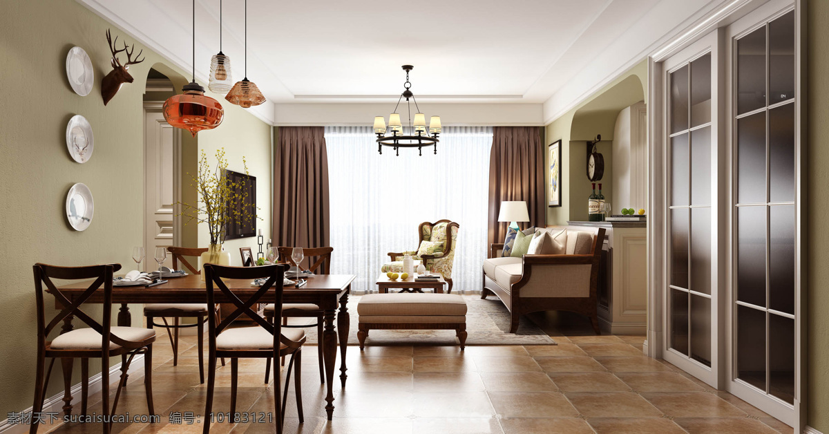 现代 清新 客厅 橘 色 吊灯 室内装修 效果图 瓷砖地板 客厅装修 纯色背景墙 木制餐桌椅