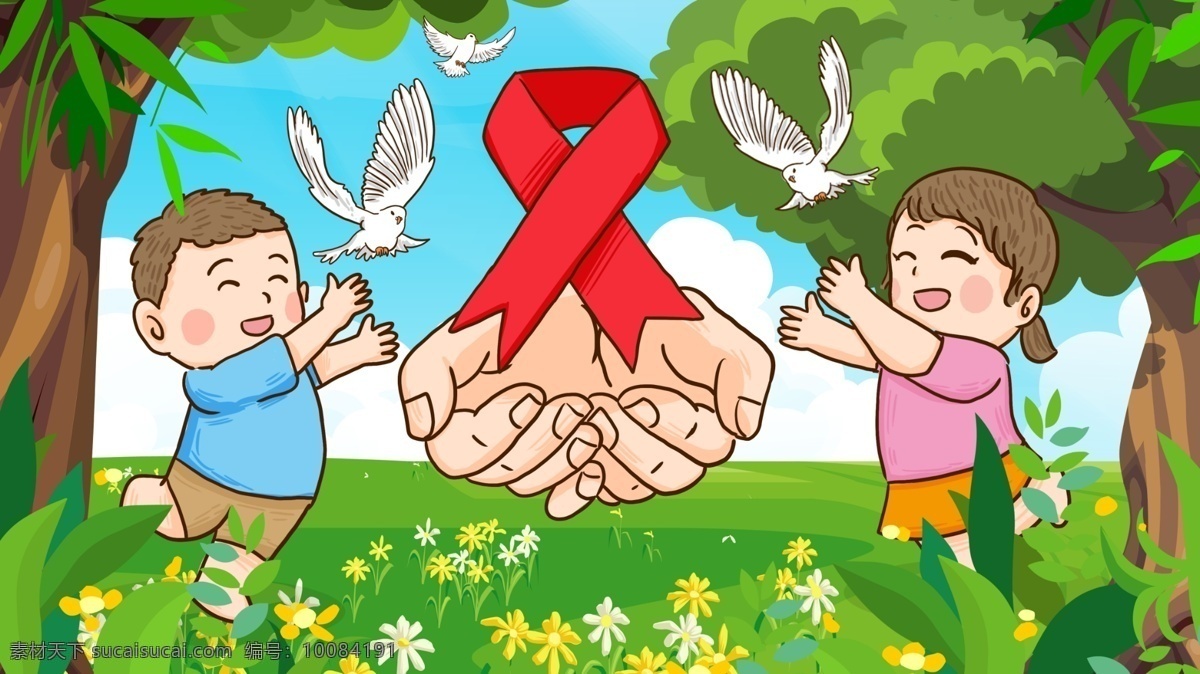 国际 艾滋病 日红 绸带 标志 孩子 关爱 健康生活 红绸带 鸽子 树林 国际艾滋病日 世界艾滋病日 艾滋病日 孩子们