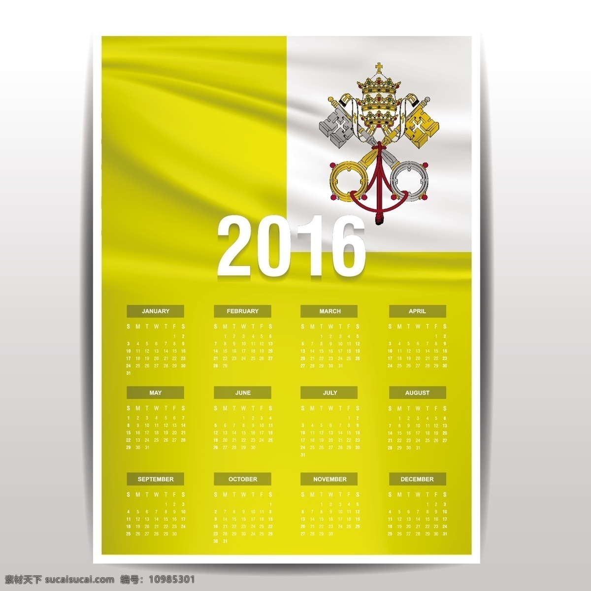 梵蒂冈 城市 日历 2016 标志 模板 时间 数字 年份 国家 日期 月份 计划 爱国 一月 十二月 周 黄色