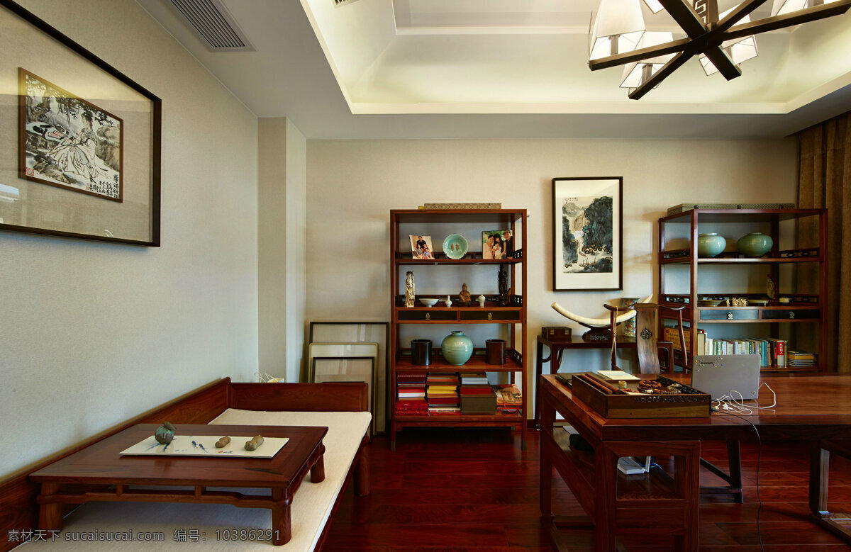 中式 古典 书房 装修 效果图 床上书桌 吊灯 挂画 木地板 室内设计 书籍 书架