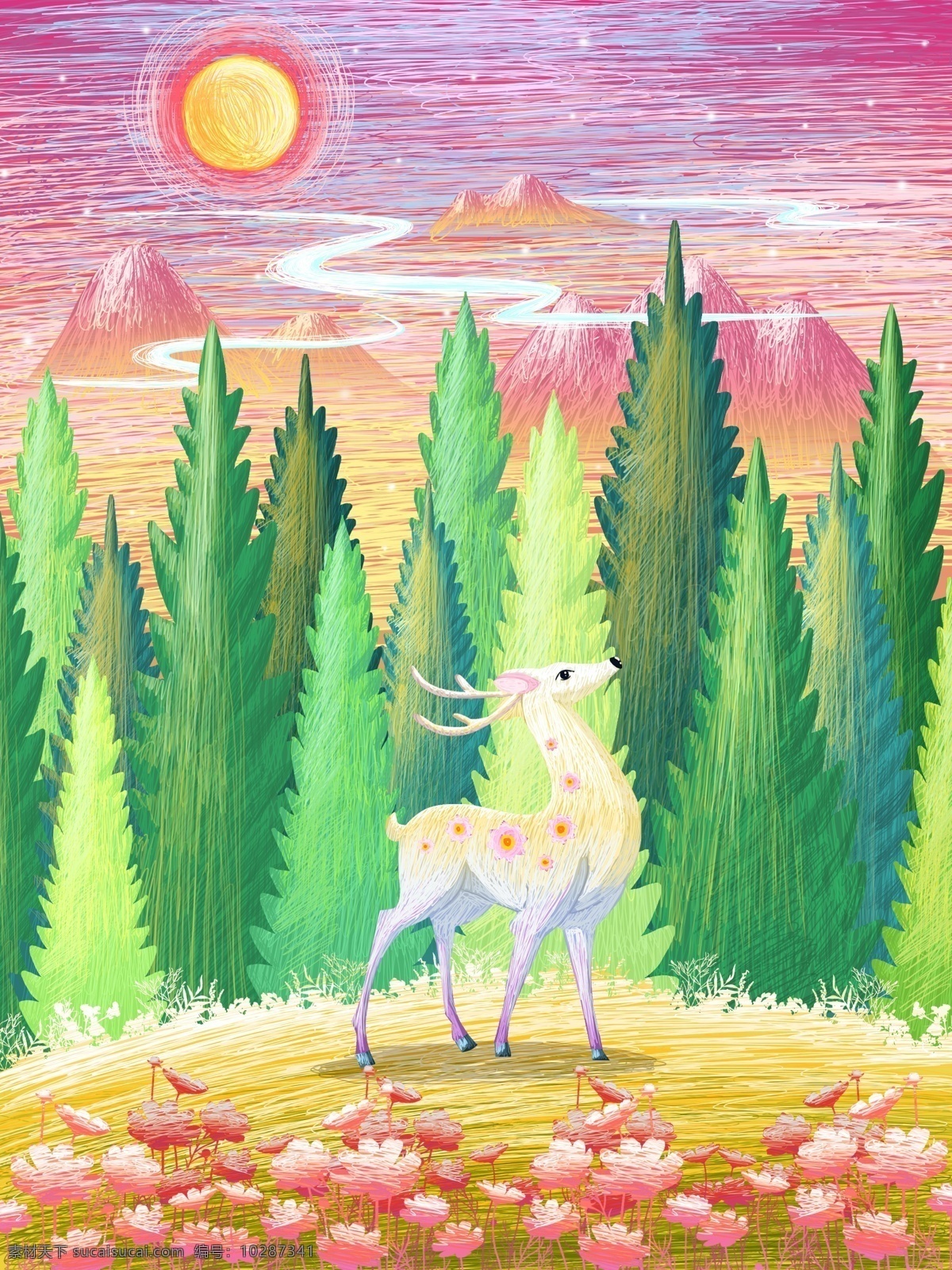 线圈 治愈 系 插画 夕阳 森林 白鹿 云 壁纸 包装 线圈插画 治愈系 太阳 彩色 树 花 群山 配图
