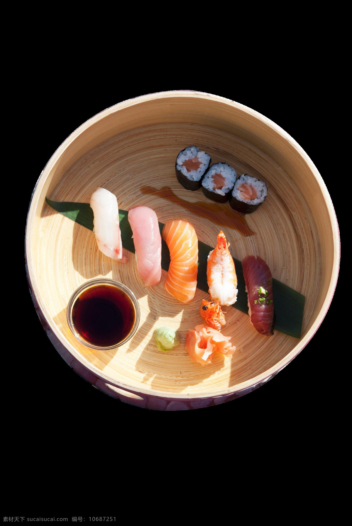 清新 刺身 料理 美食 产品 实物 绿色叶子 日本美食 日式料理 寿司 圆形餐盘 蘸料