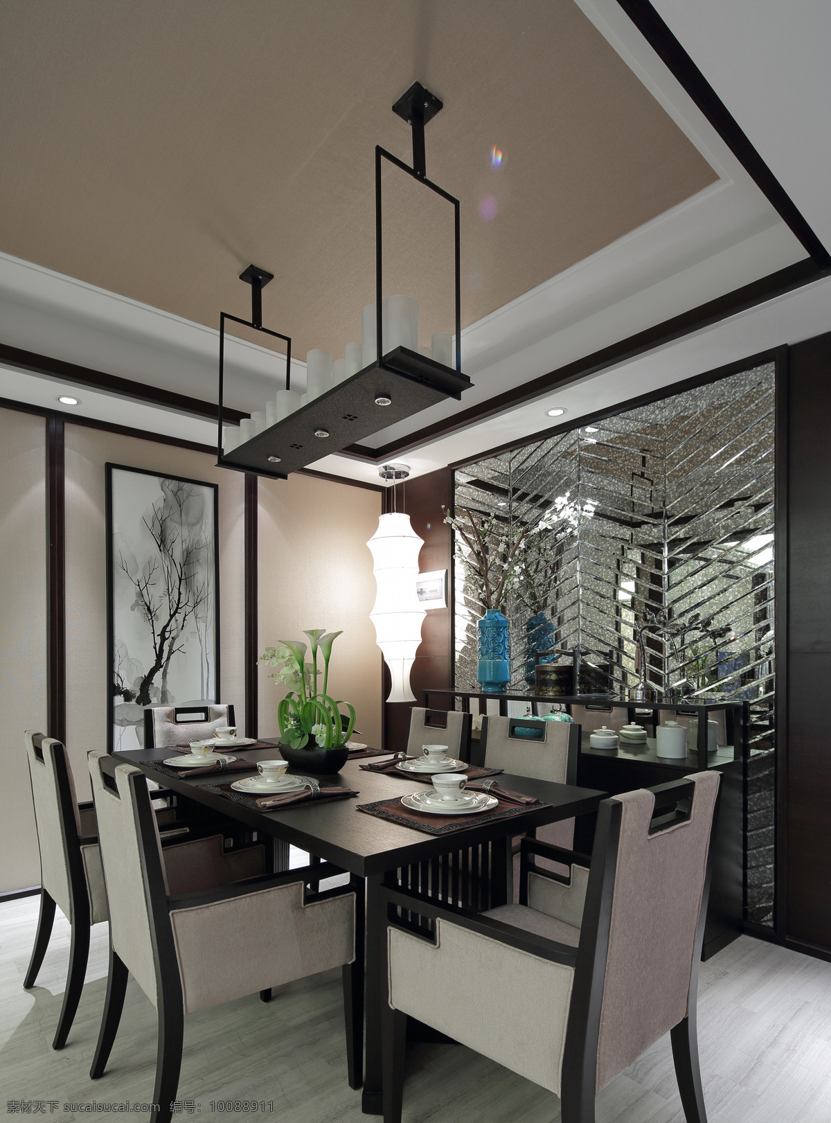 室内 餐厅 中式 祥云 装修 效果图 简约 黑色 老式 餐桌椅 瓷质餐具 创意吊灯 精美水墨画