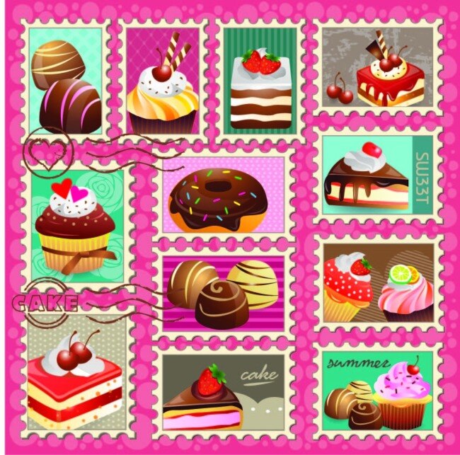 甜品免费下载 蛋糕 巧克力 水果 甜品 甜甜圈 邮票 矢量图 日常生活