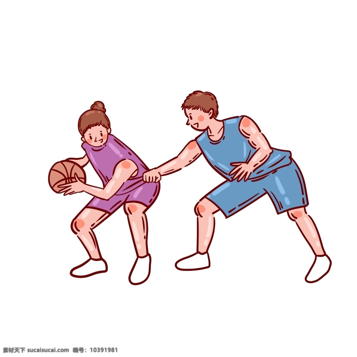 卡通 矢量 免 抠 可爱 篮球 人物 免抠 打篮球 女生 男生 蓝色 紫色 篮球衣 小白鞋 运动 夏季 快乐 开心 丸子头