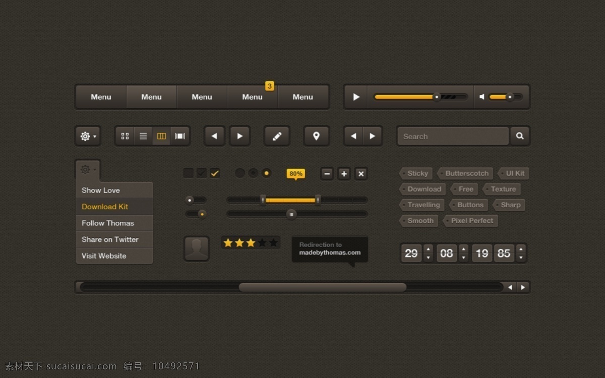 分层 ui 按钮 播放器 菜单 导航 界面 进度条 搜索框 图标 精致 网页 常用 元素 二 关键字 过度条 下拉菜单 时钟按钮 翻页器 psd源文件