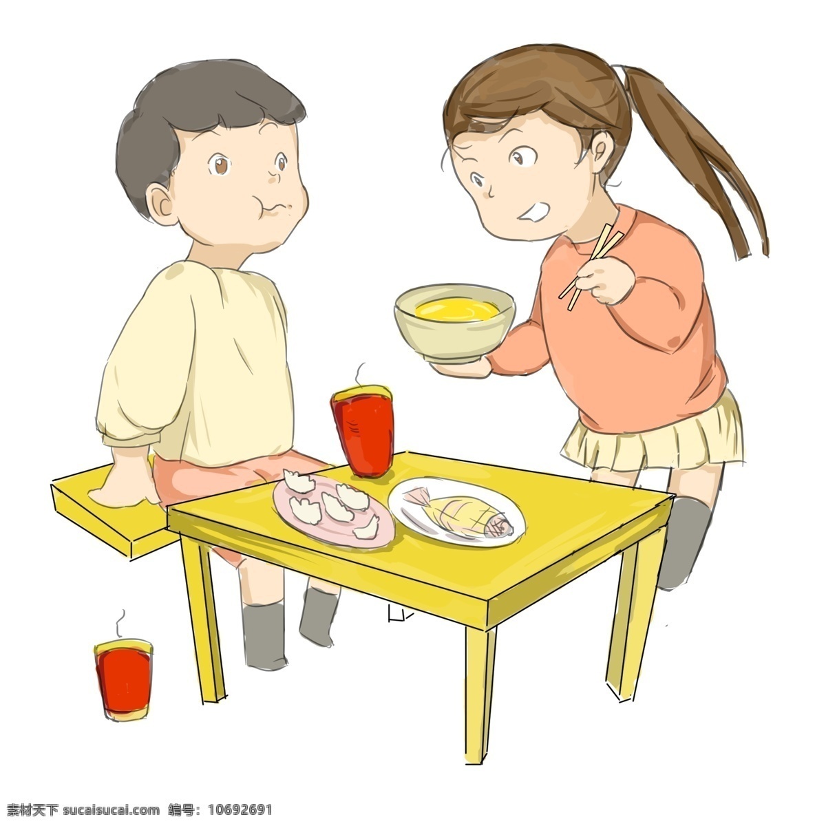 手绘 土味 兄妹 年夜饭 新春佳节 阖家欢乐 卡通 男生女生 温馨朴实 美味年夜饭 吃撑 爆竹声 中 岁除