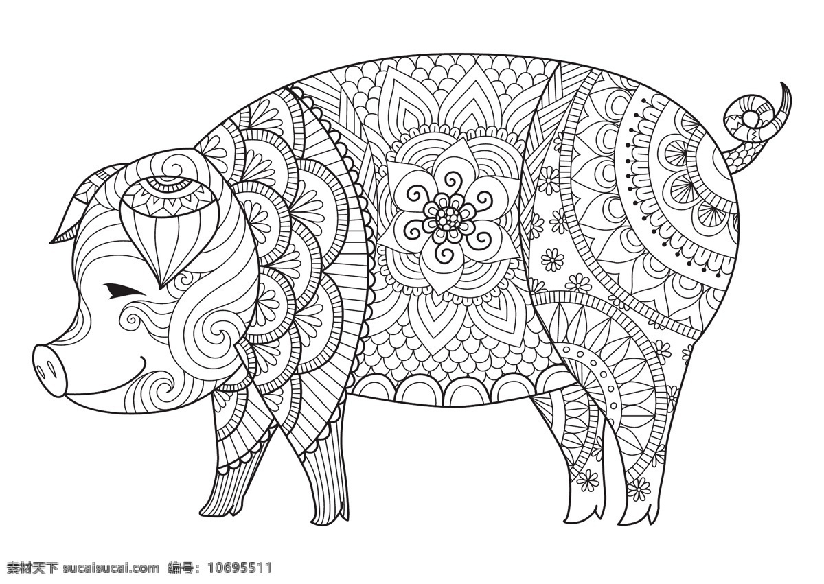 新年 手绘 花纹 猪 元素 猪元素 单色 猪年 花纹猪 线描猪