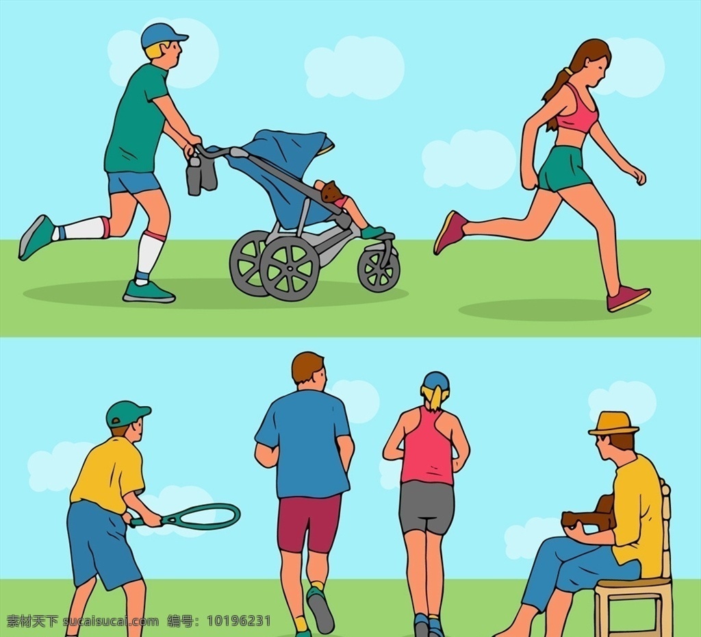 创意 户外运动 人物图片 男子 草地 婴儿车 散步 跑步 矢量 高清图片