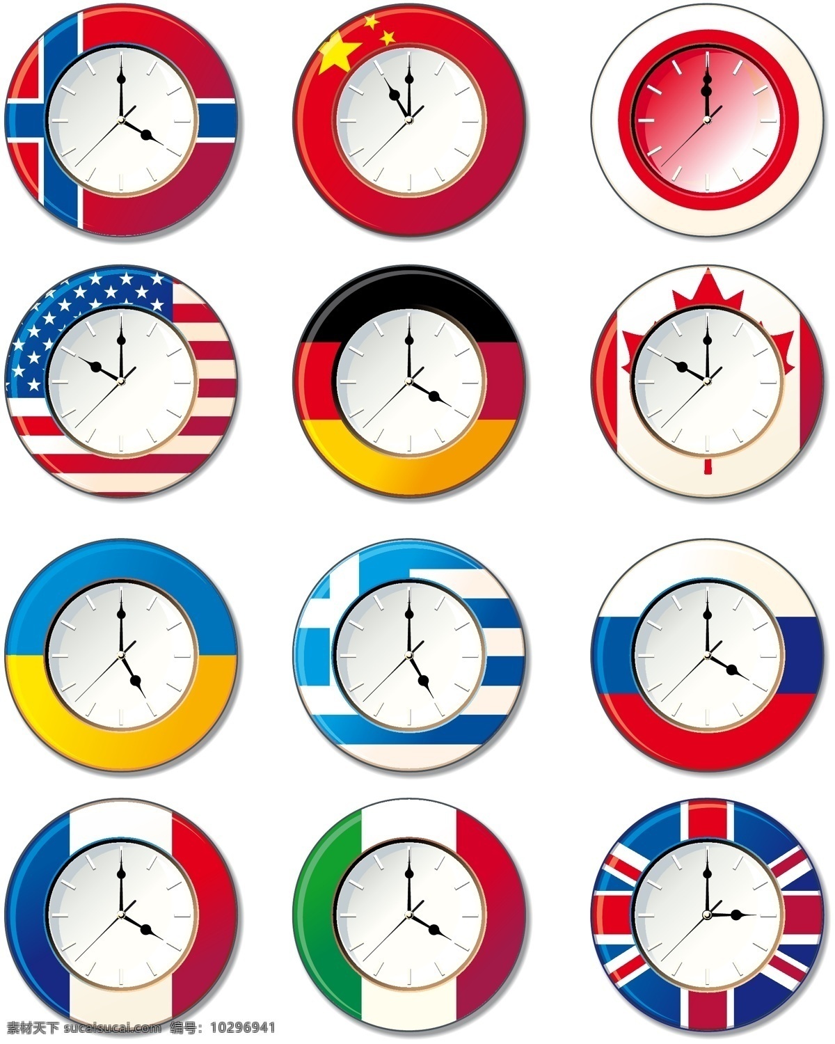 不同 国家 向量 时钟 国旗 时间 手表 总是 t 矢量图 其他矢量图