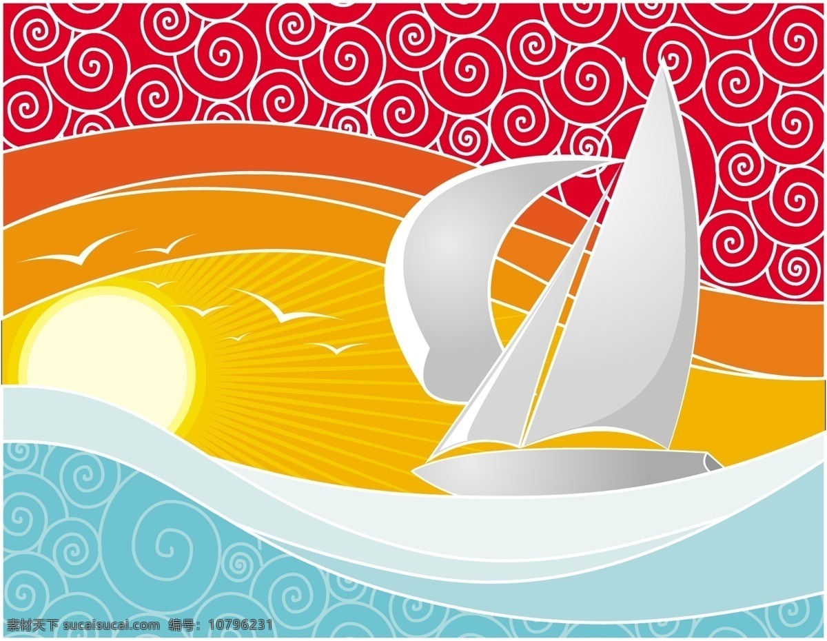 矢量 太阳 帆船 精美 背景 海浪 海鸥 海水 浪尖 矢量素材 祥云 矢量图 其他矢量图