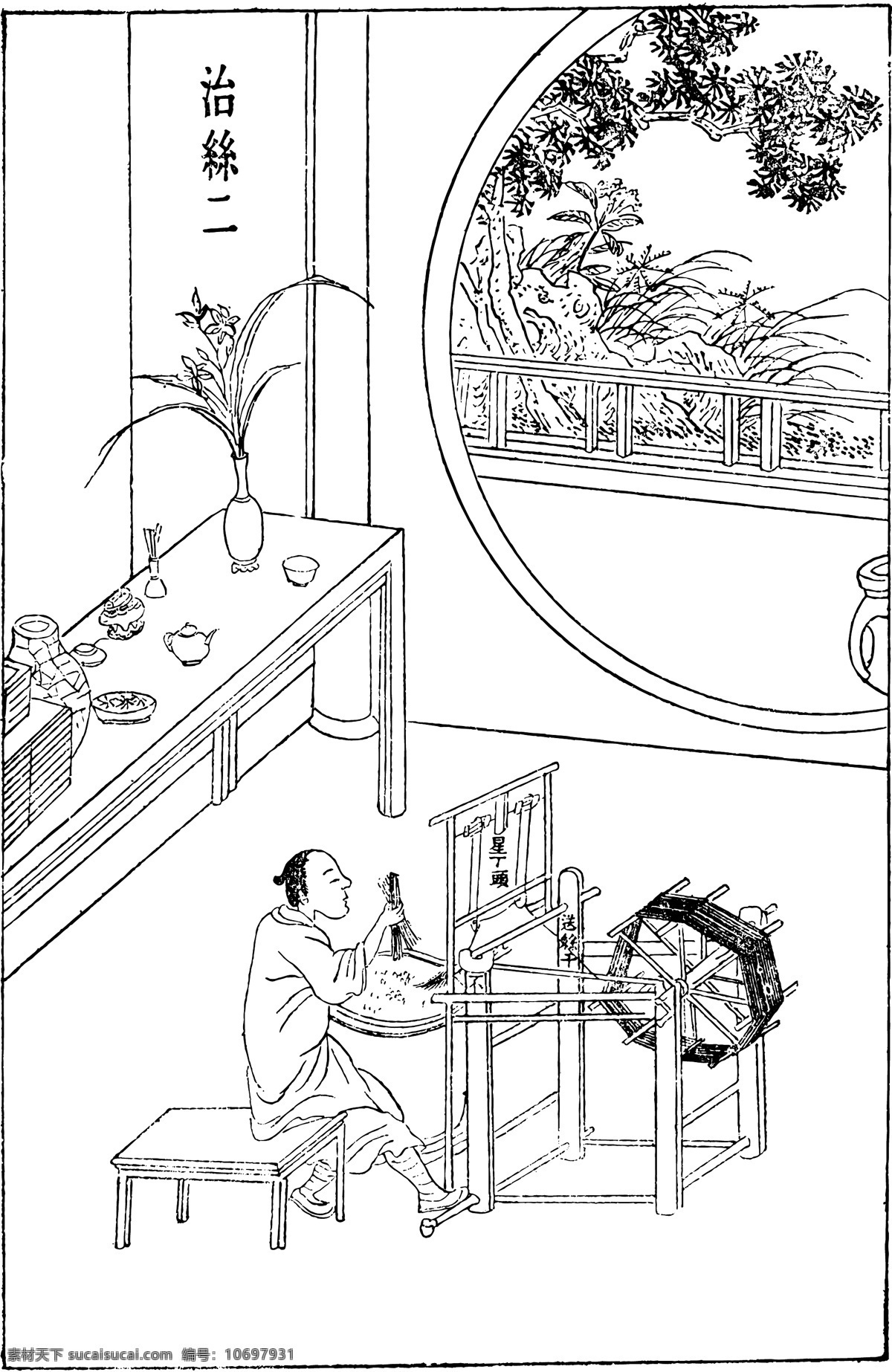 纺织 工艺 古代人物 古风 拉丝 人物 日常生活 中国 古代工艺 矢量 线描 人物工笔画 务农 天工开物 技艺 治丝 矢量图 其他矢量图