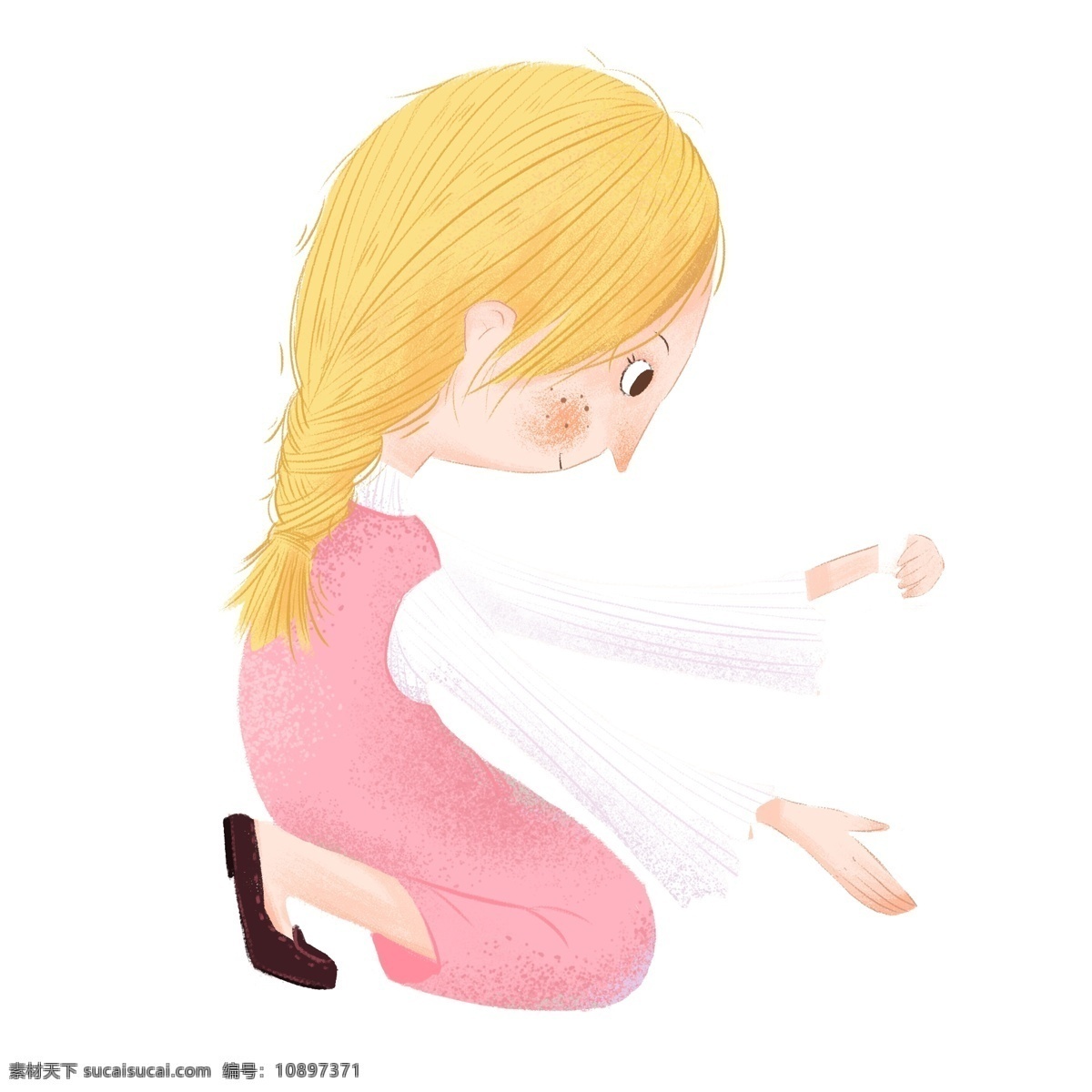 清晰 可爱 蹲 地上 女孩 卡通 儿童 女生 金发 插画 人物设计