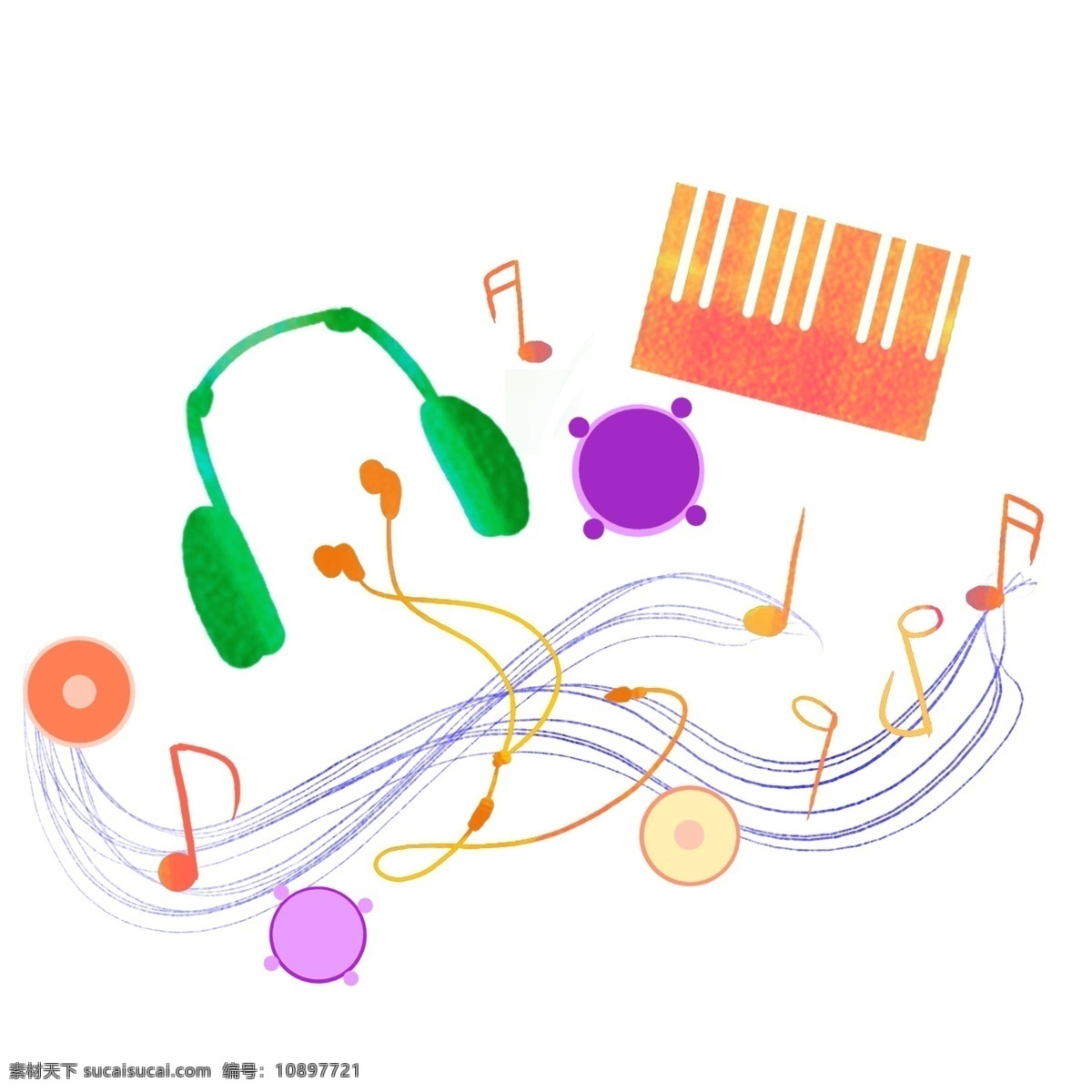 音乐 耳机 五线谱 插画 绿色耳机 蓝色线条 五线谱装饰 卡通插画 橘色琴键 音乐乐器 卡通音符 乐符插画